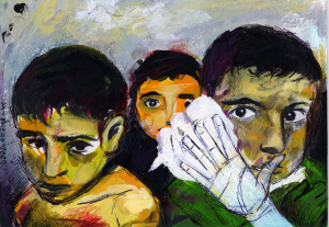 ORIGINAL PHOTO: Ashraf Amra, Palestinian children wounded by an Israeli rocket strike on Beit Hanoun, January 1, 2009  IMAGE ALTERATION: /anomalousnyc  PAINTING: Mataparda