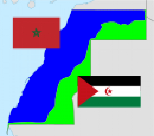 O Saara Ocidental: áreas controladas por Marrocos (azul) e pela RASD (verde)